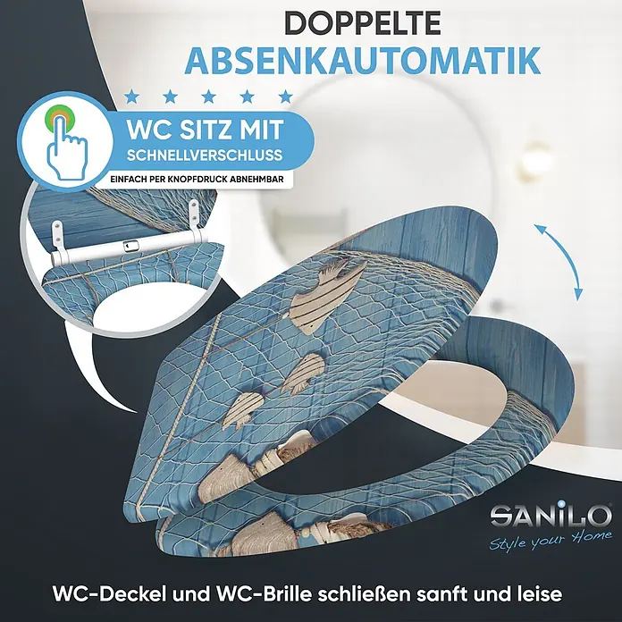SANILO WC-Sitz Seefahrt mit Schnellverschluss - MDF, Blau, Mit Absenkautomatik - WC-Sitz im maritimen Design mit blauer Holzoptik, Fischernetz und Fischmuster, mit doppelter Absenkautomatik und Schnellverschluss.