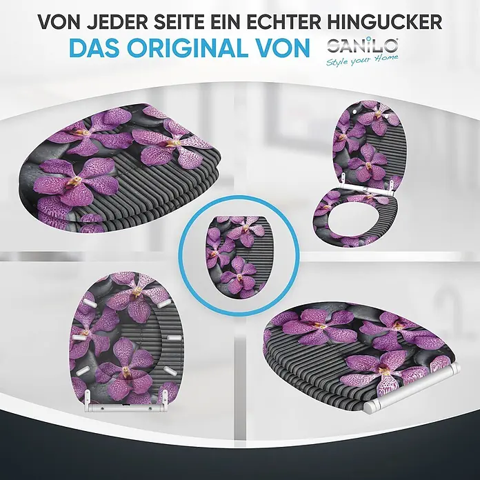 SANILO WC-Sitz Vanda mit Schnellverschluss - MDF, Violett, Mit Absenkautomatik - Toilettensitz mit lila Orchideen-, schwarzen Kiesel- und dunklem Bambusmuster.