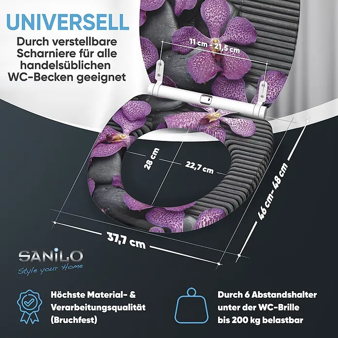 SANILO WC-Sitz Vanda mit Schnellverschluss - MDF, Violett, Mit Absenkautomatik - WC-Sitz mit lila Orchideen und schwarzem Stein-Design, mit verstellbaren Scharnieren für universelle Passform und robuster Bauweise.