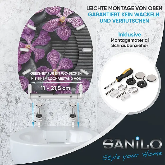SANILO WC-Sitz Vanda mit Schnellverschluss - MDF, Violett, Mit Absenkautomatik - WC-Sitz mit lila Orchideenmuster, einfacher Top-Montage und anpassbaren Befestigungen (11-21,5 cm Lochabstand). Montagematerial und Schraubenzieher enthalten.