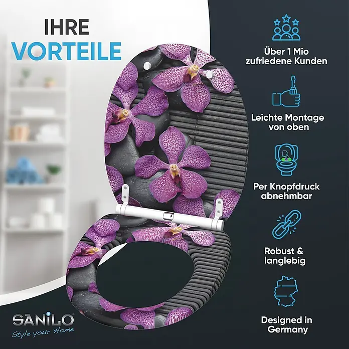 SANILO WC-Sitz Vanda mit Schnellverschluss - MDF, Violett, Mit Absenkautomatik - Toilettensitz mit einem Design aus lila Orchideen und schwarzen Steinen.