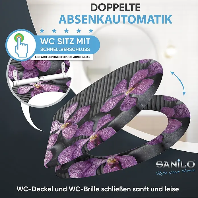 SANILO WC-Sitz Vanda mit Schnellverschluss - MDF, Violett, Mit Absenkautomatik - WC-Sitz mit Absenkautomatik und Schnellverschluss, schwarz mit lila Orchideenmuster, schließt sanft und leise.