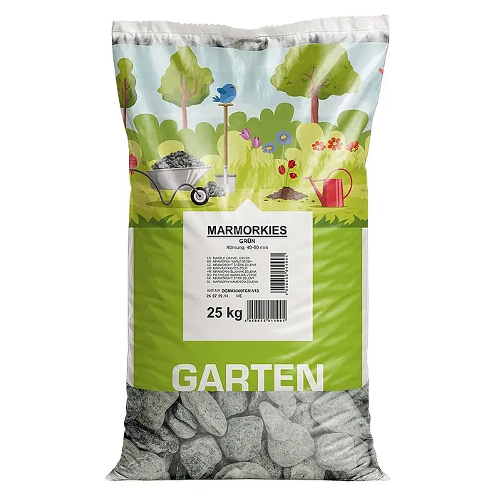 Min2C Marmorkiesel - Grün, Körnung: 40 mm - 60 mm, 25 kg - 25 kg Sack grüner Marmorkies, 40-60mm Körnung. Verpackung mit Gartenmotiv.