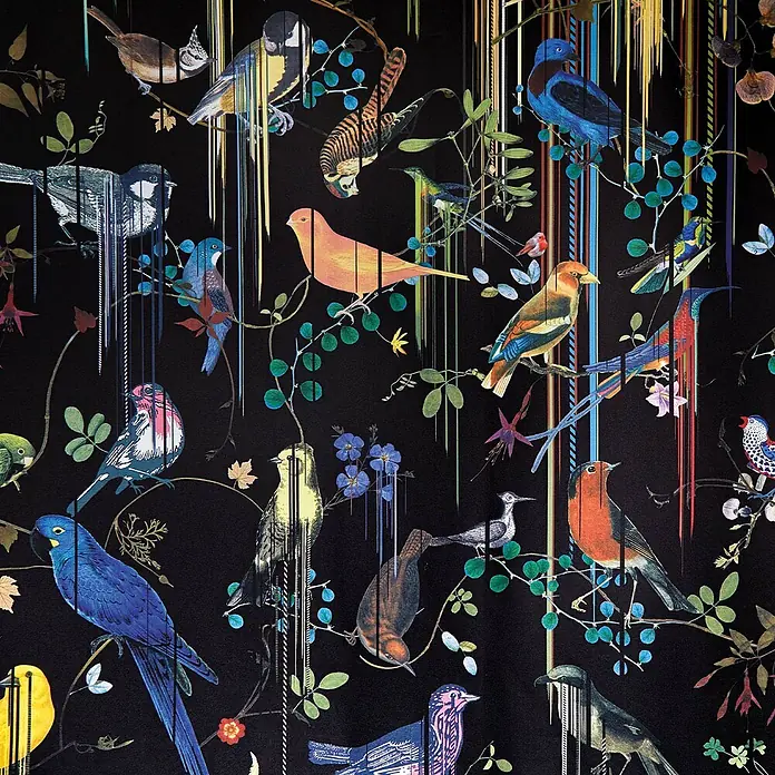 Tohaa Design Duschvorhang Birds Sinfonia - Maison Christian Lacroix -  - Farbenfrohes Vogelkunstwerk auf dunklem Hintergrund, akzentuiert mit leuchtenden vertikalen Linien für einen modernen, dekorativen Look.