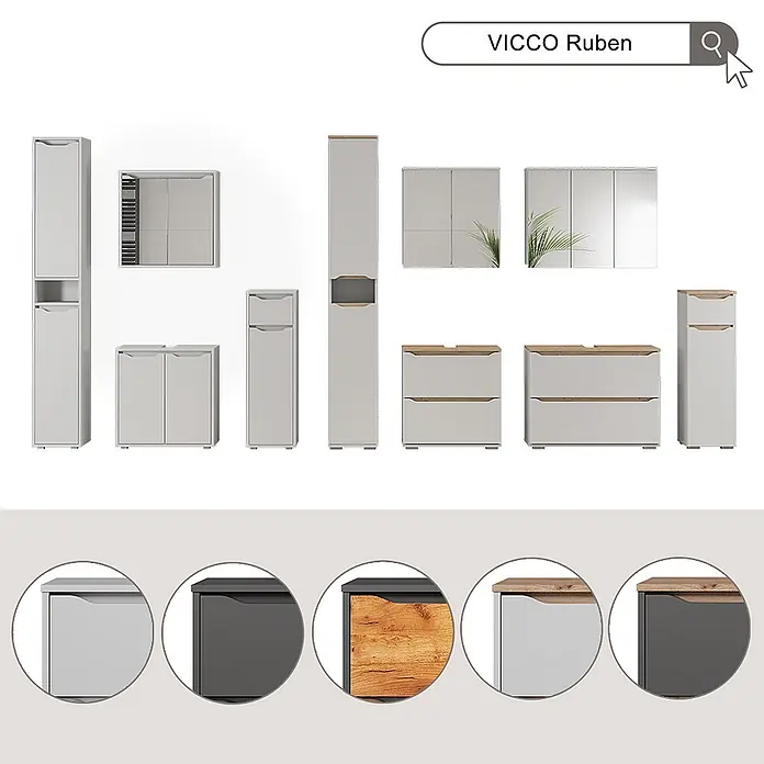 Badmöbel-Set Ruben 80.2 cm Anthrazit Art.-Nr. 65883 -  - VICCO Ruben Badmöbel in Hellgrau und Holzoptik, mit Hochschränken, Waschtischunterschränken und Spiegelschränken.