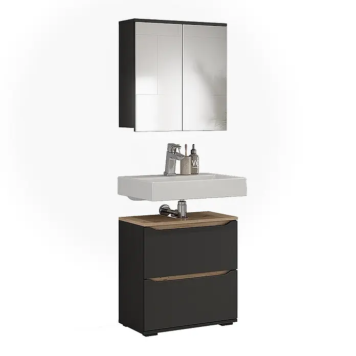 Vicco Badmöbel-Set Ruben, Anthrazit/Artisan-Eiche 60.2 cm -  - Dunkelgrauer Badschrank mit Holzplatte und weißem Waschbecken, dazu ein passender Spiegelschrank.