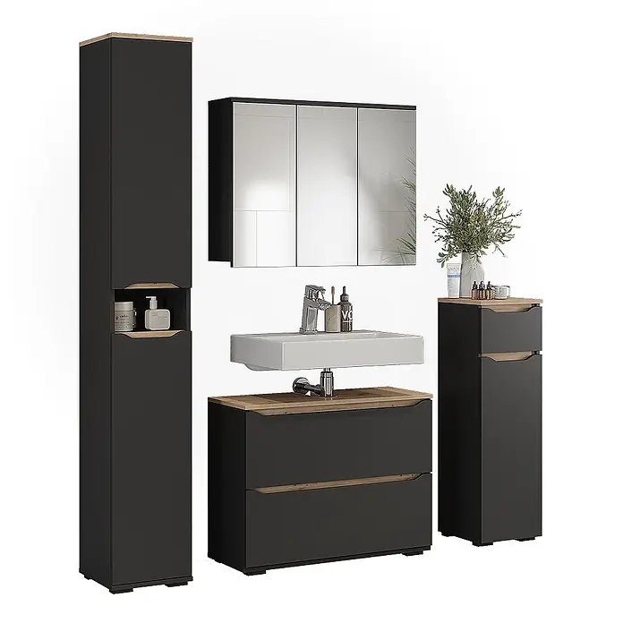 Vicco Badmöbel-Set Ruben, Anthrazit/Artisan-Eiche 80.2 cm -  - Dunkelgraues Badmöbelset mit heller Holzoptik, bestehend aus Hochschrank, Waschtisch mit Becken, Spiegelschrank und Kommode.