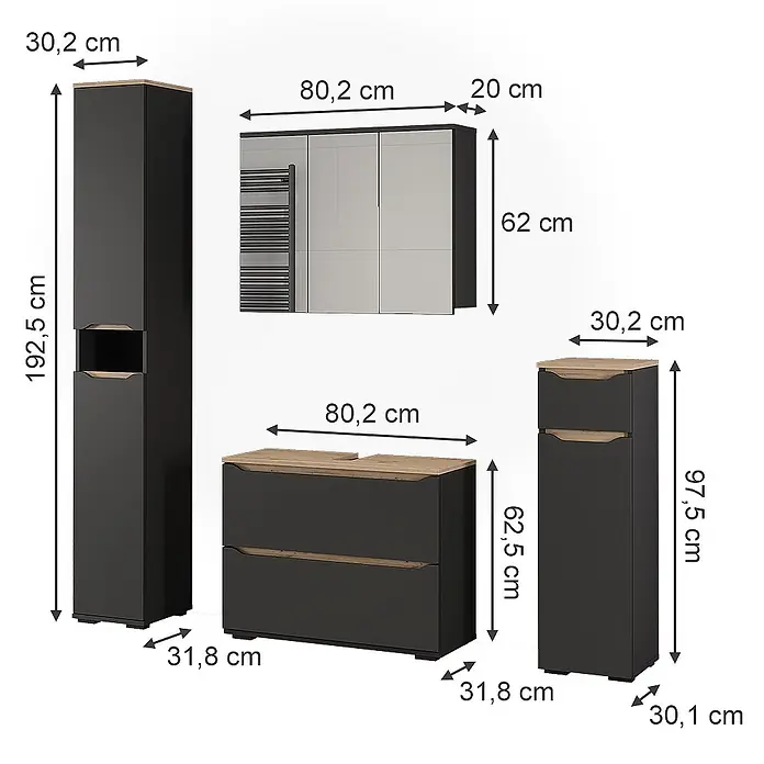 Badmöbel-Set Ruben 80.2 cm Anthrazit Art.-Nr. 65884 -  - Anthrazitfarbenes Badezimmermöbel-Set mit Holzakzenten: Hochschrank, Spiegelschrank, Waschtischunterschrank und Beistellschrank.