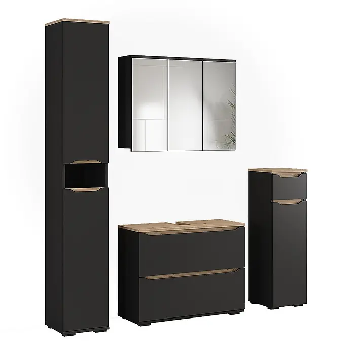 Vicco Badmöbel-Set Ruben, Anthrazit/Artisan-Eiche 80.2 cm -  - Anthrazitfarbenes Badmöbel-Set mit hellen Holzakzenten, bestehend aus Hochschränken, Spiegelschrank und Waschtischunterschrank.
