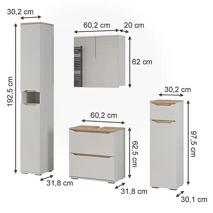 Vicco Badmöbel-Set Ruben, Weiß/Artisan-Eiche 60.2 cm -  - Set aus hellgrauen Badmöbeln mit Holzplatten/Akzenten, bestehend aus Hochschrank, Wandschrank, Waschtischunterschrank und Kleinmöbel, mit Maßen.