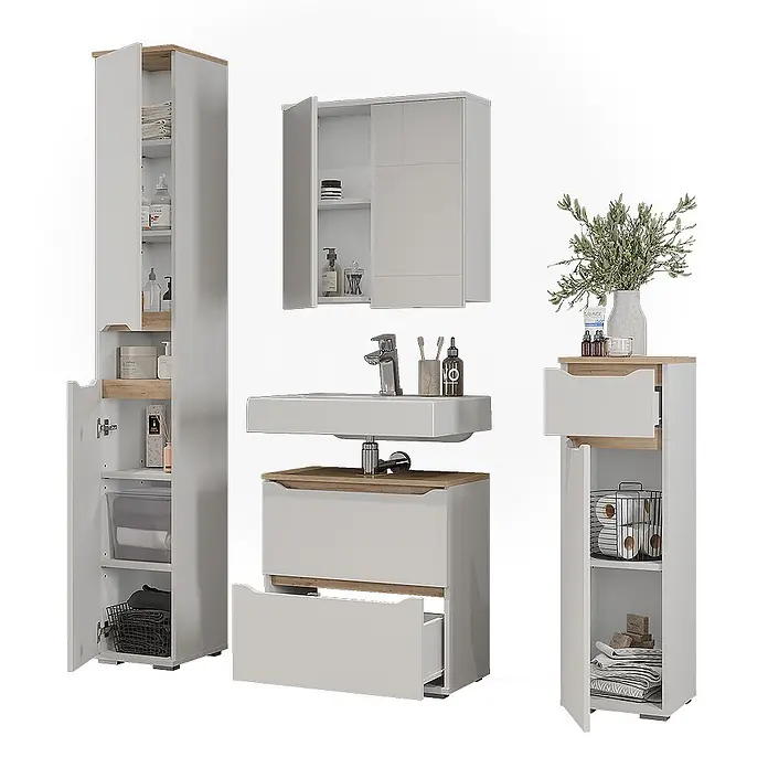 Vicco Badmöbel-Set Ruben, Weiß/Artisan-Eiche 60.2 cm -  - Weißes Badmöbelset mit hellen Holzakzenten: Hochschränke, Waschtisch mit Waschbecken und Spiegelschrank.