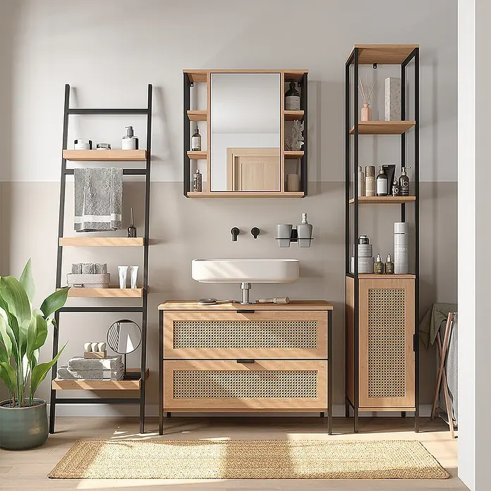 Vicco Badmöbel-Set - Eiche, Matt - Modernes Badezimmermöbel-Set: helles Holz, schwarze Metallrahmen und Rattan-Akzente, inkl. Waschtisch, Spiegelschrank und Regale.