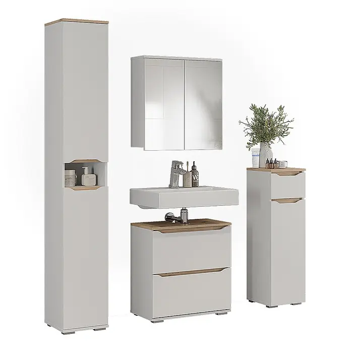 Vicco Badmöbel-Set Ruben, Weiß/Artisan-Eiche 60.2 cm -  - Modernes hellgraues Badmöbel-Set mit Holzdetails, bestehend aus Hochschrank, Waschtisch mit Waschbecken, Spiegelschrank und Kommode.