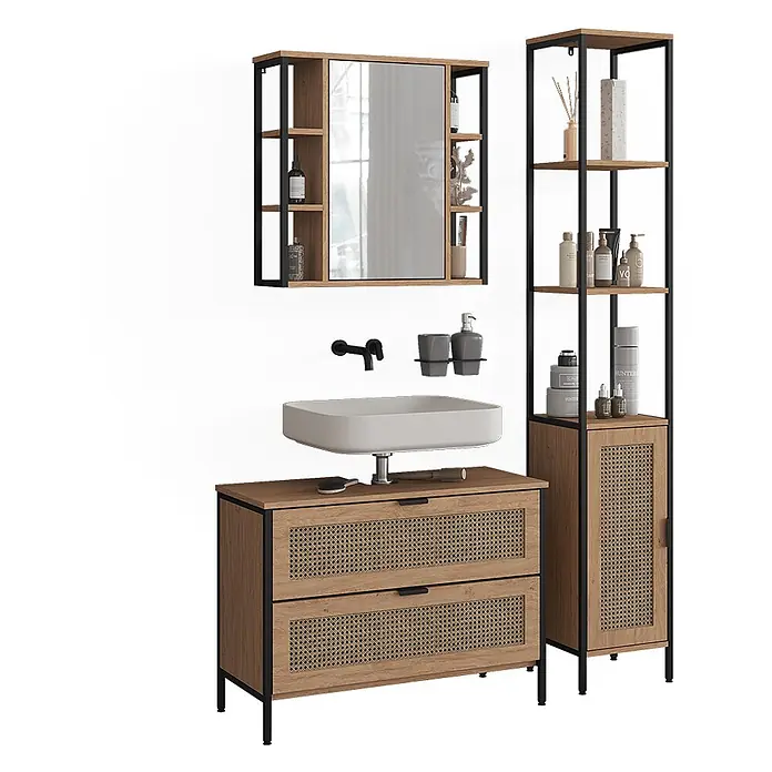 Vicco Badmöbel-Set - Eiche, Matt - Modernes Badmöbel-Set aus hellem Holz, schwarzen Metallrahmen und Rattan, mit Spiegelschrank, Waschtisch und hohem Schrank.
