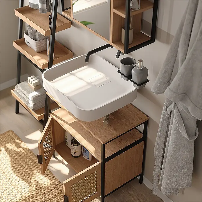 Vicco Badmöbel-Set - Eiche, Sonstiges - Moderne Badezimmereinheit mit weißem quadratischem Waschbecken, schwarzem Wasserhahn und hellen Holz-/Metallregalen und -schränken.