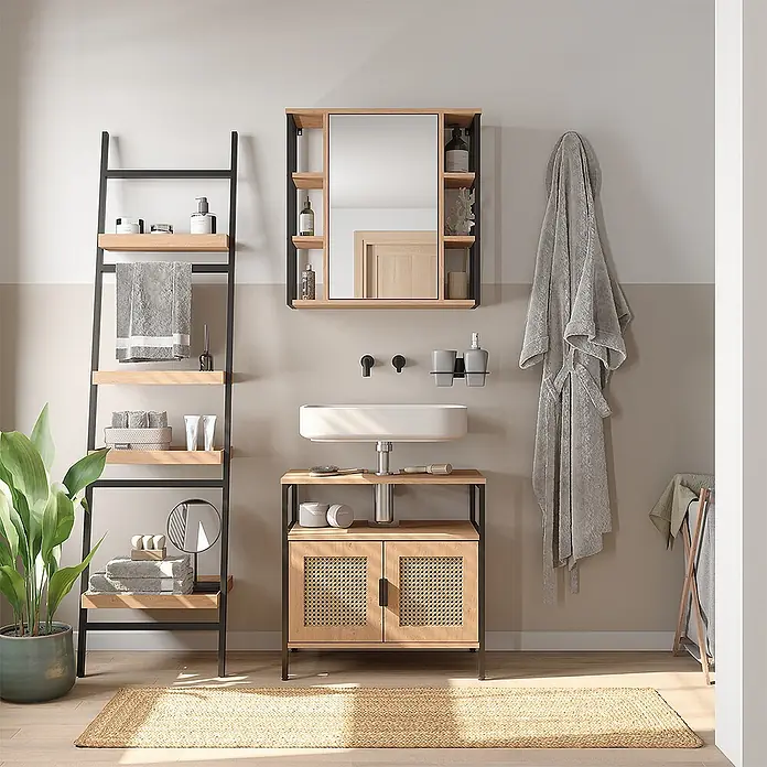 Vicco Badmöbel-Set - Eiche, Sonstiges - Moderne Badezimmermöbelgarnitur mit Waschtisch aus Holz und Rattan, weißem Waschbecken, Spiegelschrank und Leiterregal.