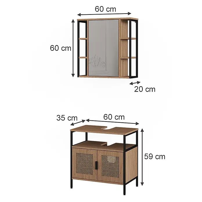 Vicco Badmöbel-Set - Eiche, Sonstiges - Modernes Badset aus Eiche-Optik und Schwarzmetall. Besteht aus Spiegelschrank mit Regalen und Waschtischunterschrank mit Rattantüren und Waschtischausschnitt.