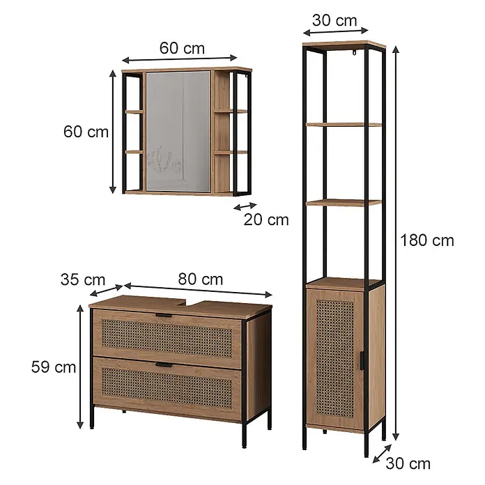 Vicco Badmöbel-Set - Eiche, Matt - Set aus drei Badezimmermöbeln in Eichenoptik und schwarzem Metall: Spiegelschrank, Waschtischunterschrank und hoher Regalschrank.