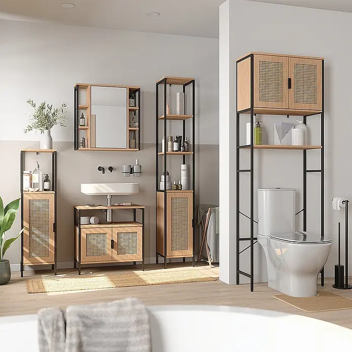 Vicco Badmöbel-Set - Eiche, Matt - Komplettes Badmöbel-Set aus hellem Holz, schwarzen Metallrahmen und Rattanfronten, inklusive Waschtisch, Spiegelschrank und Aufbewahrungsschränken.