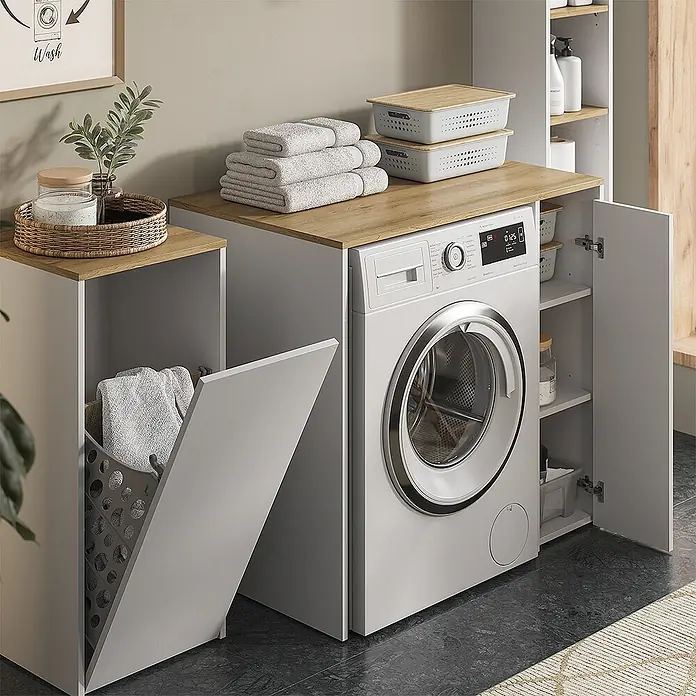 Vicco Badmöbel-Set Viktor, Weiß/Artisan-Eiche -  - Modulares Waschküchenmöbelset mit weißen Schränken, Holzoptik-Arbeitsplatten, integrierter Waschmaschine und ausziehbarem Wäschekorb.