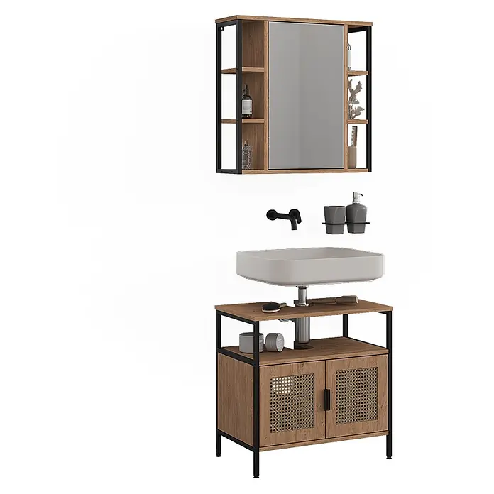 Vicco Badmöbel-Set - Eiche, Sonstiges - Modernes Badmöbel-Set in Holzoptik mit schwarzem Metallrahmen. Weiße Spüle, Spiegelschrank und Unterschrank mit Rohgeflecht-Türen.