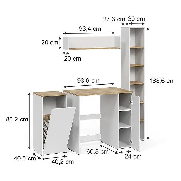 Vicco Badmöbel-Set Viktor, Weiß/Artisan-Eiche -  - Modulares weißes und Eichenholz-Schreibtischset mit Regalen und Aufbewahrungseinheiten, bemaßt.