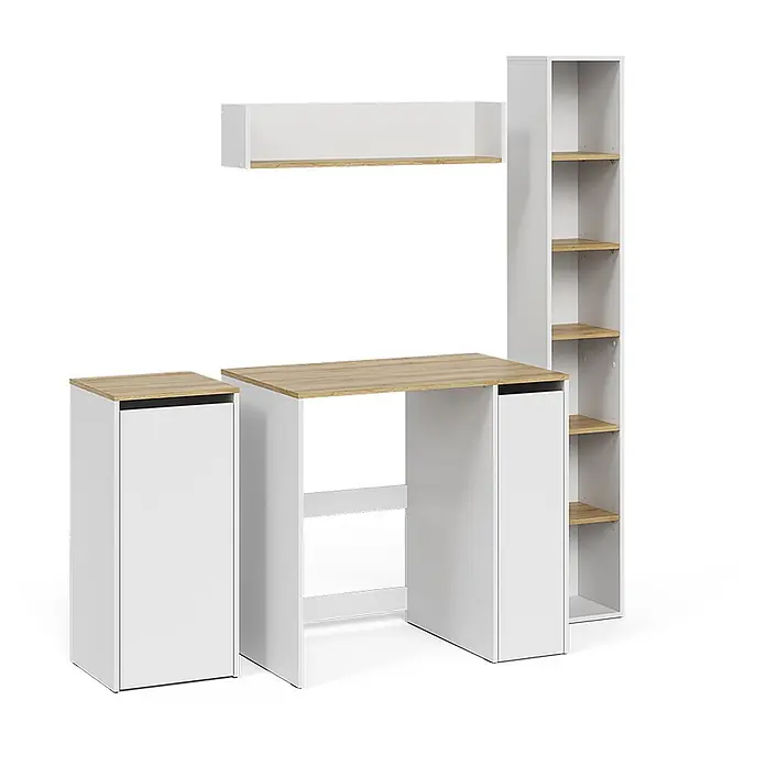 Vicco Badmöbel-Set Viktor, Weiß/Artisan-Eiche -  - Weißer Schreibtisch mit Holzplatten, integriertem Regal, Wandregal und mobilem Schrank.