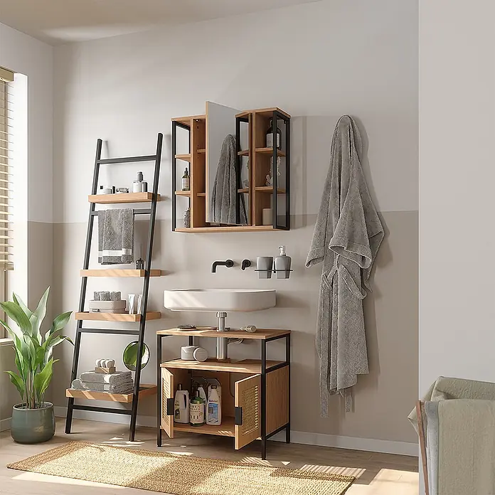 Vicco Badmöbel-Set - Eiche, Sonstiges - Moderne Badmöbel aus Holz und schwarzem Metall: Leiterregal, Spiegelschrank und Waschtischunterschrank für Stauraum.