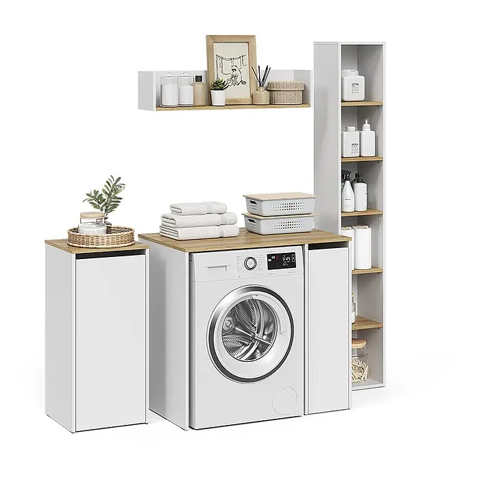 Vicco Badmöbel-Set Viktor, Weiß/Artisan-Eiche -  - Weißes Waschküchen-Aufbewahrungssystem mit hellen Holzdetails, inklusive Waschmaschine, Schränken und offenen Regalen für optimale Organisation.