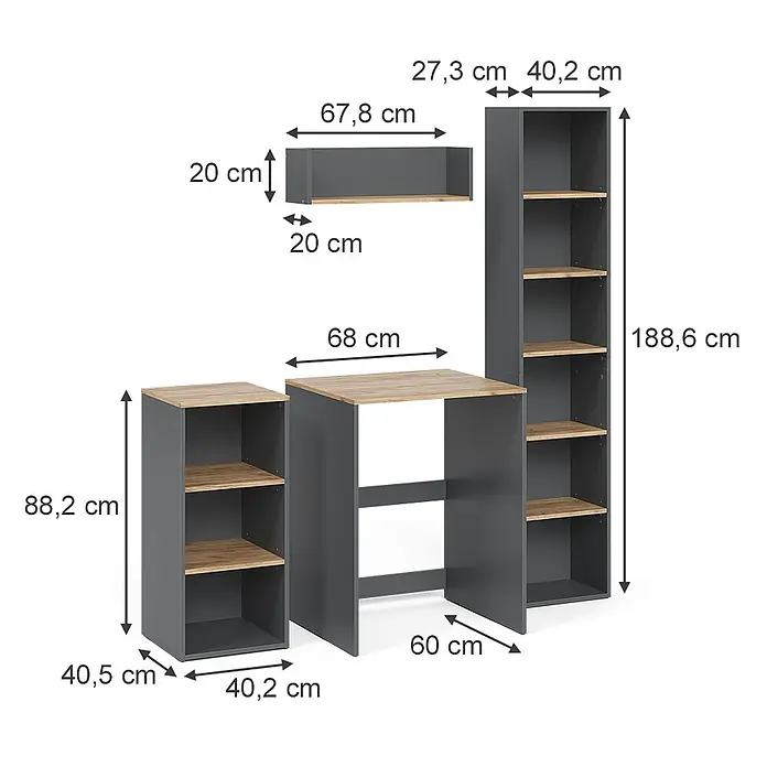 Badmöbel-Set Viktor 40 cm Anthrazit Art.-Nr. 59171 -  - Modulares Möbelset in Dunkelgrau und Eichenoptik mit hohem Regal, niedrigem Regal, Schreibtisch und Wandregal, bemaßt.