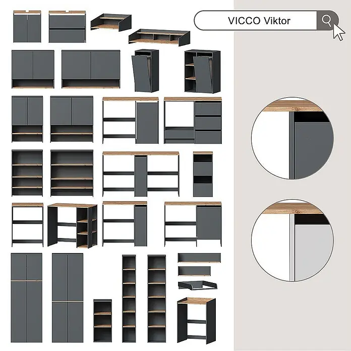 Vicco Küchenleerblock - Breite: 230,4 cm, Anthrazit - VICCO Viktor Modulmöbelsystem in Dunkelgrau und heller Holzoptik, mit Schränken, Regalen und Tischen.
