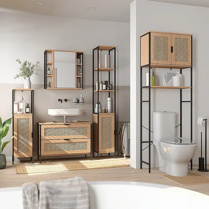 Vicco Badmöbel-Set - Eiche, Matt - Badezimmermöbel-Set aus hellem Holz mit schwarzen Metallrahmen und Rattan-Akzenten, bietet Stauraum für Badutensilien.
