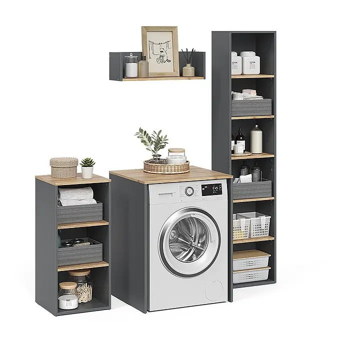 Vicco Badmöbel-Set Viktor, Anthrazit/Goldkraft Eiche -  - Dunkelgraues modulares Waschküchen-Aufbewahrungssystem mit hellen Holzplatten und -regalen, zur Integration einer Waschmaschine, bietet viel Stauraum.
