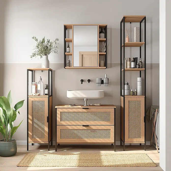Vicco Badmöbel-Set - Eiche, Matt - Badezimmermöbel-Set aus hellem Holz, schwarzen Metallrahmen und Rattan-Akzenten, bestehend aus Waschtisch, Spiegelschrank und Regalen.