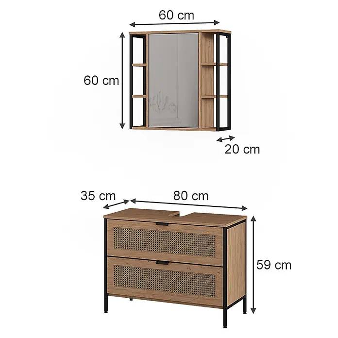 Vicco Badmöbel-Set - Eiche, Matt - Zweiteiliges Badmöbelset: Spiegelhängeschrank und Waschtischunterschrank mit zwei Rattanschubladen. Helles Holz, schwarzes Metall.