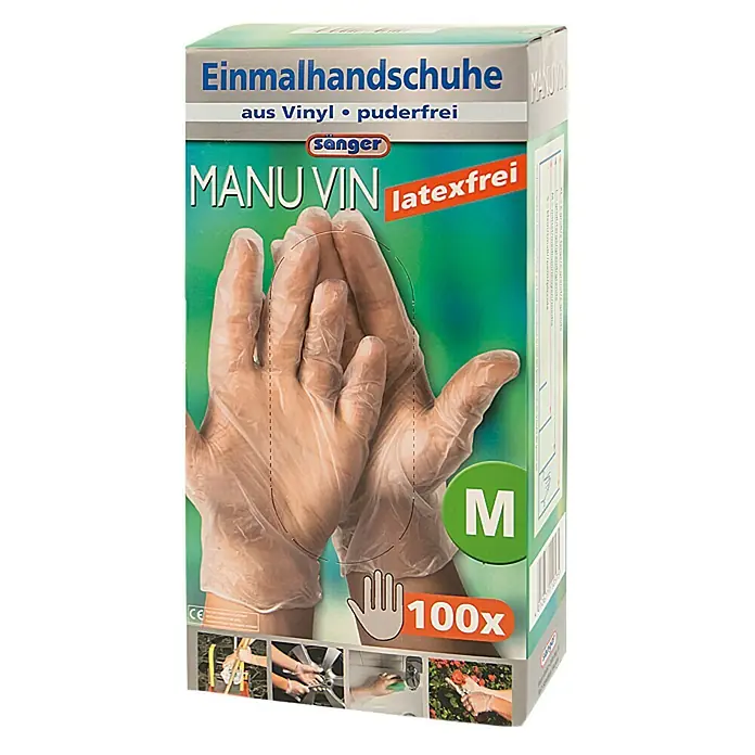 Sänger Einmalhandschuhe Manu Vin - M, Transparent, Vinyl, 100 Stk. - Eine Packung Einmalhandschuhe "Manu Vin" von Sänger, aus Vinyl und puderfrei, mit 100 Stück in Größe M, ideal für den vielfältigen Gebrauch im Alltag.