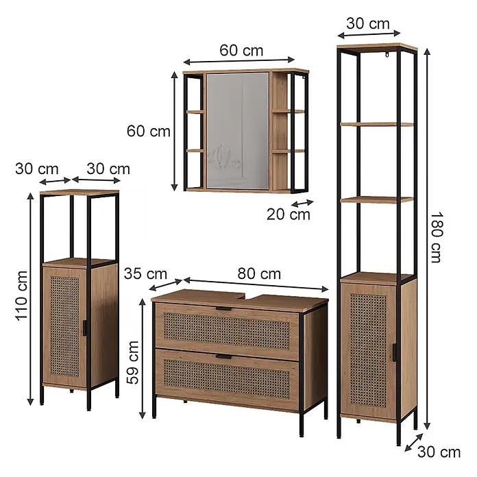 Vicco Badmöbel-Set - Eiche, Matt - Set aus hellen Holz-Look-Badmöbeln mit schwarzen Metallrahmen und Rattan-Details: Spiegelschrank, Schubladenschrank und zwei Hochschränke.