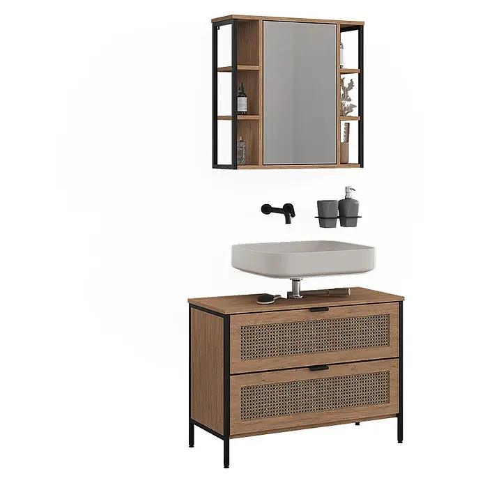 Vicco Badmöbel-Set - Eiche, Matt - Modernes Badmöbelset: Holzunterschrank mit Rattanschubladen, weißes Waschbecken, schwarzer Wasserhahn und Spiegelschrank.