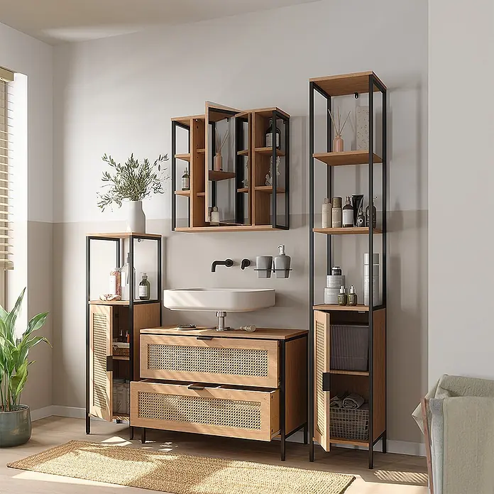 Vicco Badmöbel-Set - Eiche, Matt - Modernes Badmöbel-Set aus hellem Holz und schwarzen Metallrahmen, mit Waschtisch, Spiegelschrank und Hochschränken.