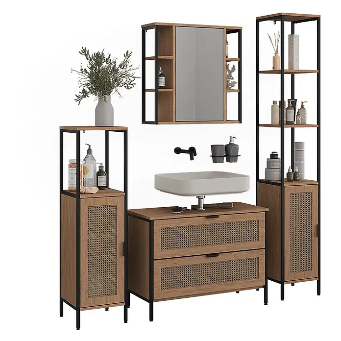 Vicco Badmöbel-Set - Eiche, Matt - Modernes Badezimmermöbelset aus Naturholz und schwarzem Metall, mit Waschbecken, Spiegelschrank und Stauraumschränken mit Rattan-Akzenten.