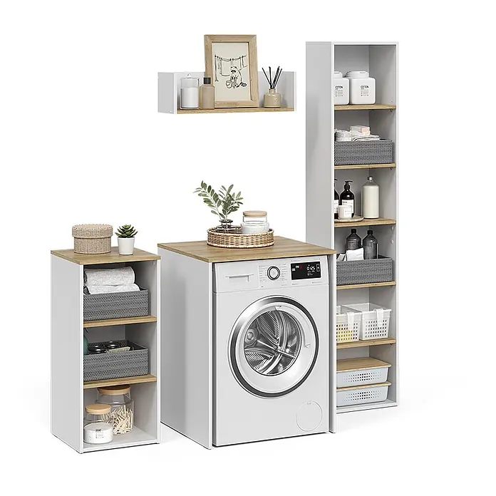 Vicco Badmöbel-Set Viktor, Weiß/Artisan-Eiche -  - Weiße und holzfarbene Wäscheraum-Aufbewahrungsmöbel mit einer Waschmaschine. Regale und Schränke zur Organisation.