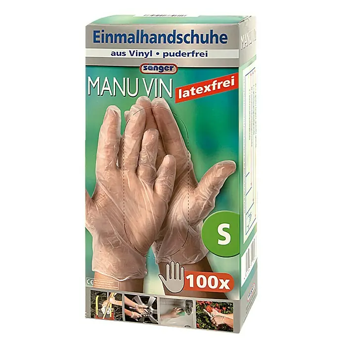 Sänger Einmalhandschuhe Manu Vin - S, Transparent, Vinyl, 100 Stk. - Bild einer Packung Manu Vin Einmalhandschuhe aus Vinyl, puderfrei und latexfrei, Größe S, mit 100 Stück Inhalt.