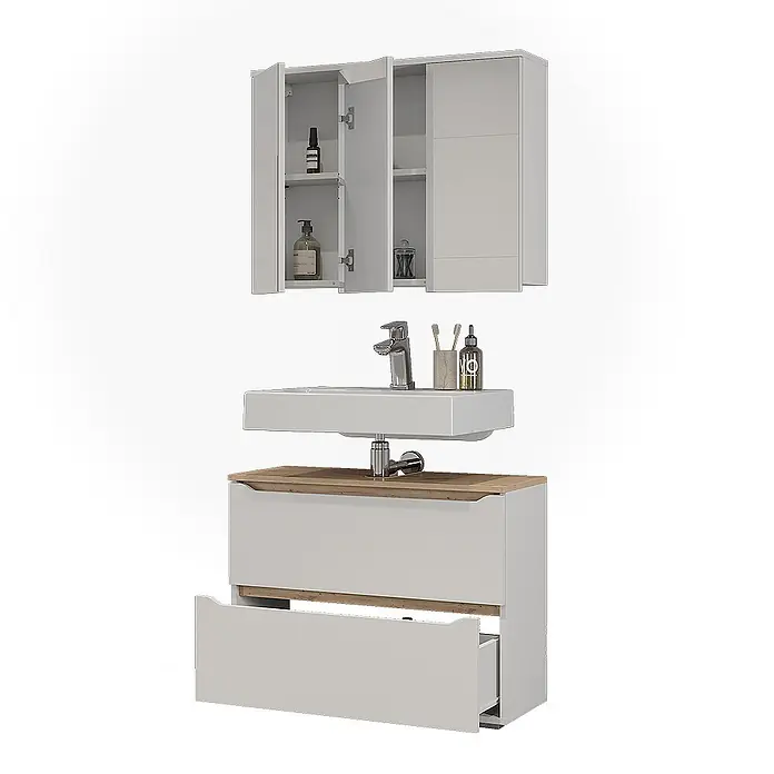 Vicco Badmöbel-Set Ruben, Weiß/Artisan-Eiche 80.2 cm -  - Helles graues Badmöbel-Set mit Waschbecken, Wandschrank mit offenen Türen und Unterschrank mit offener Schublade, mit Holzdetails.