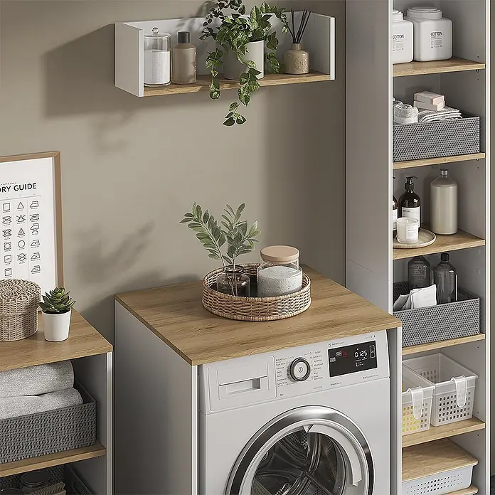 Vicco Badmöbel-Set Viktor, Weiß/Artisan-Eiche -  - Modulares Waschküchenregal in Weiß mit Eichenoptik-Ablagen, integrierter Waschmaschine, Körben und Wandregal.