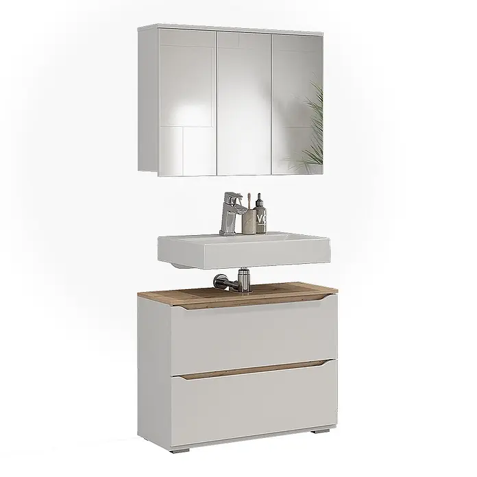 Vicco Badmöbel-Set Ruben, Weiß/Artisan-Eiche 80.2 cm -  - Modernes Badmöbel-Set mit Spiegelschrank, weißem Keramikwaschbecken und hellgrauem Unterschrank mit heller Holzplatte.