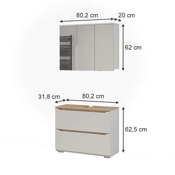 Vicco Badmöbel-Set Ruben, Weiß/Artisan-Eiche 80.2 cm -  - Hellesgraues Badmöbel-Set: Wandschrank mit Handtuchhalter und Unterschrank mit Holzplatte.