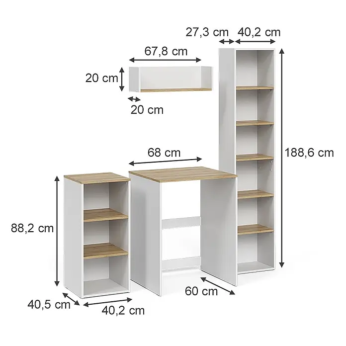 Vicco Badmöbel-Set Viktor, Weiß/Artisan-Eiche -  - Weiß-Eichen-Möbelset: hohes Regal (188,6 cm), niedriger Schrank (88,2 cm), Schreibtisch (68x60 cm), Wandregal (67,8x20x20 cm).