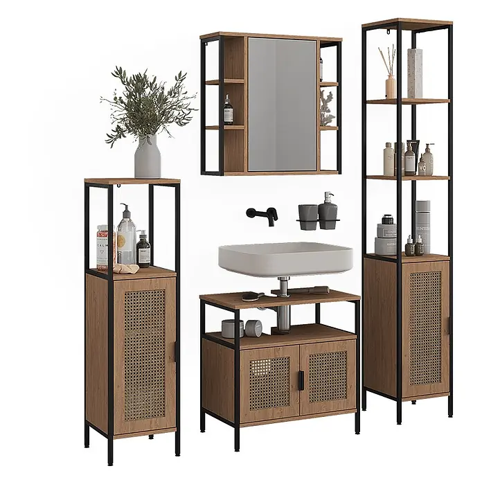 Vicco Badmöbel-Set - Eiche, Matt - Industrielles Badezimmermöbel-Set mit dunklen Metallrahmen, hellen Holz-Paneelen und Rattan-Einsätzen, bestehend aus Waschtisch, Spiegel und zwei Hochschränken.
