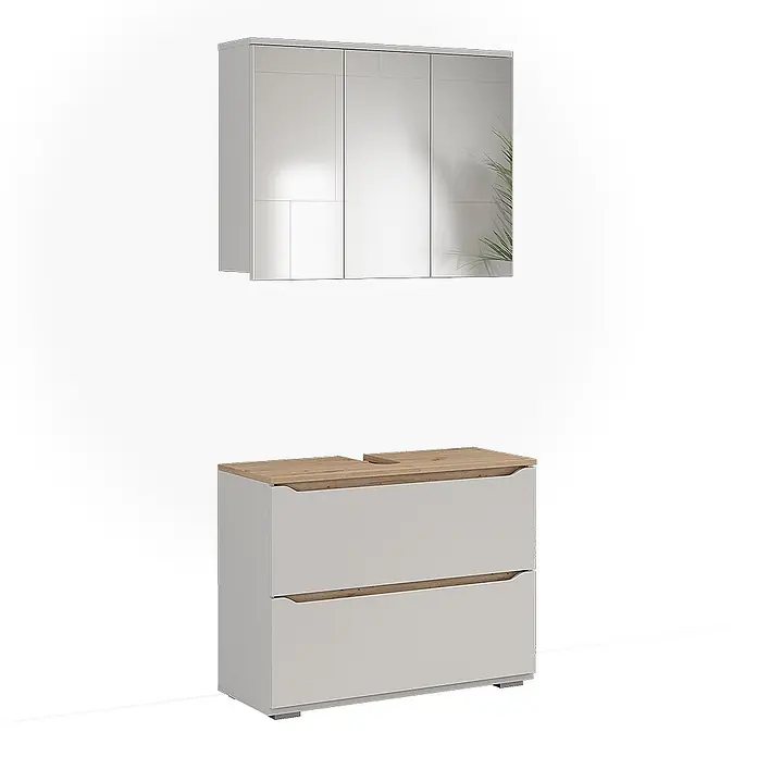 Vicco Badmöbel-Set Ruben, Weiß/Artisan-Eiche 80.2 cm -  - Hellgraue Badmöbelgarnitur: Spiegelschrank und Waschtischunterschrank mit zwei Schubladen und heller Holzplatte.