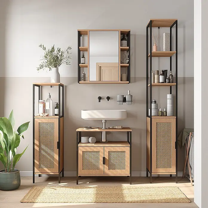 Vicco Badmöbel-Set - Eiche, Matt - Badezimmermöbel-Set aus hellem Holz und schwarzem Metall mit Rattan-Details, bestehend aus Waschtisch, Spiegelschrank und Hochschränken.